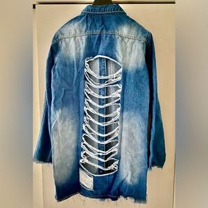 Jackets & Coats | Nwt Womens Distressed Ripped Mid Long Denim Jacket ...